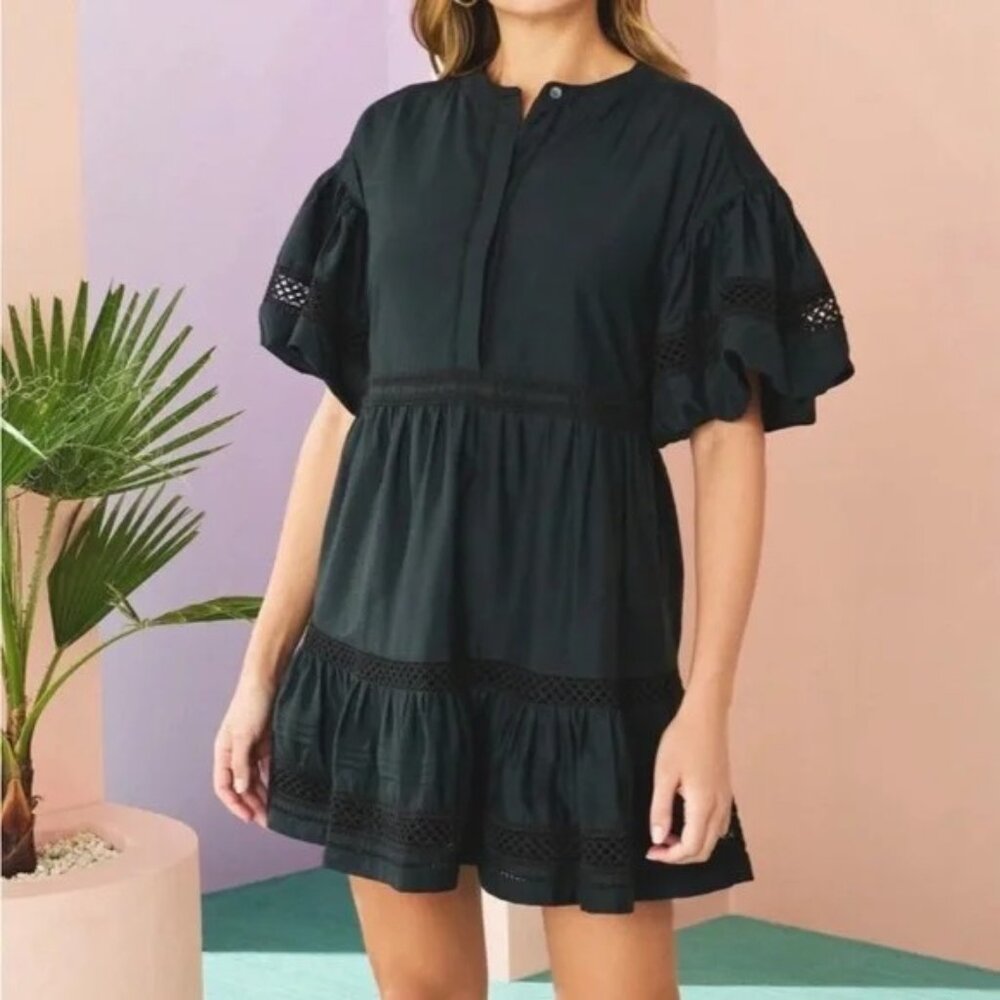 Marie Oliver Jade Cotton & Silk Blend Black Ruffled Mini Dress (Size Large)